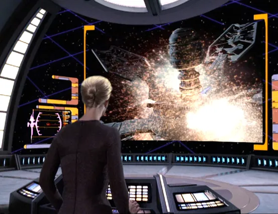 Seven of Nine in Astrometrics reviewing the sensor logs of the destruction of the Caretaker's array